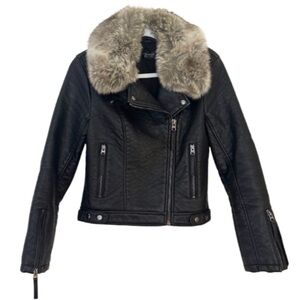 Top Shop Women's Black Leather and Faux Fur Collar Jacket